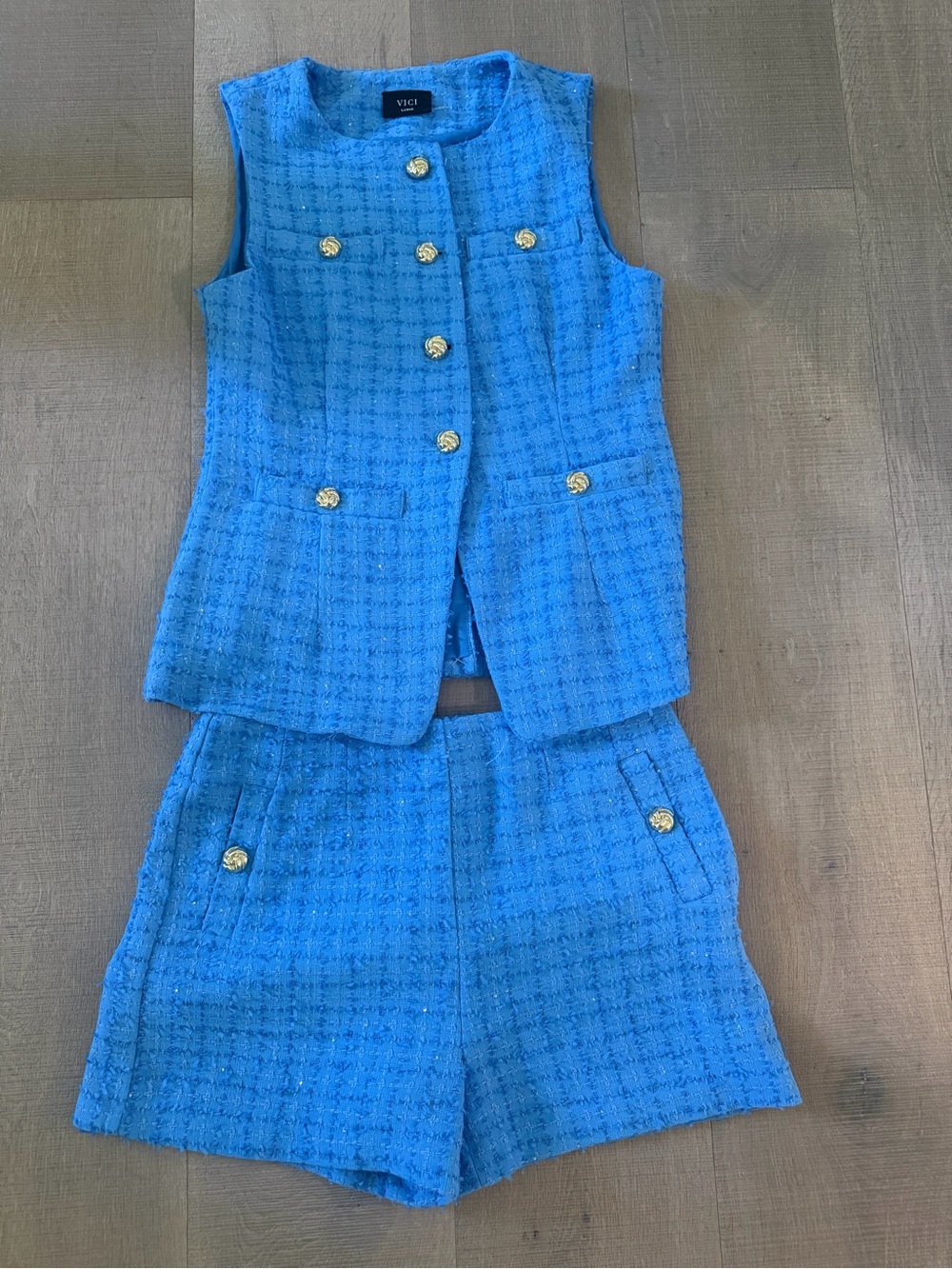 Vici Blue Tweed Sleeveless Button Vest with Gold Buttons